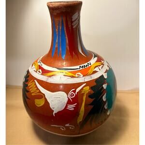 Hand Painted Red Ware Pottery Vessel Decanter Pitcher‎ Jug Folk Art 11.5x8 in